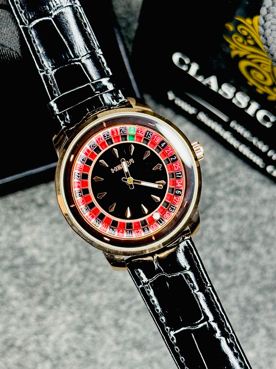 Premium Leather Casino Watch Rose Body Dial Black